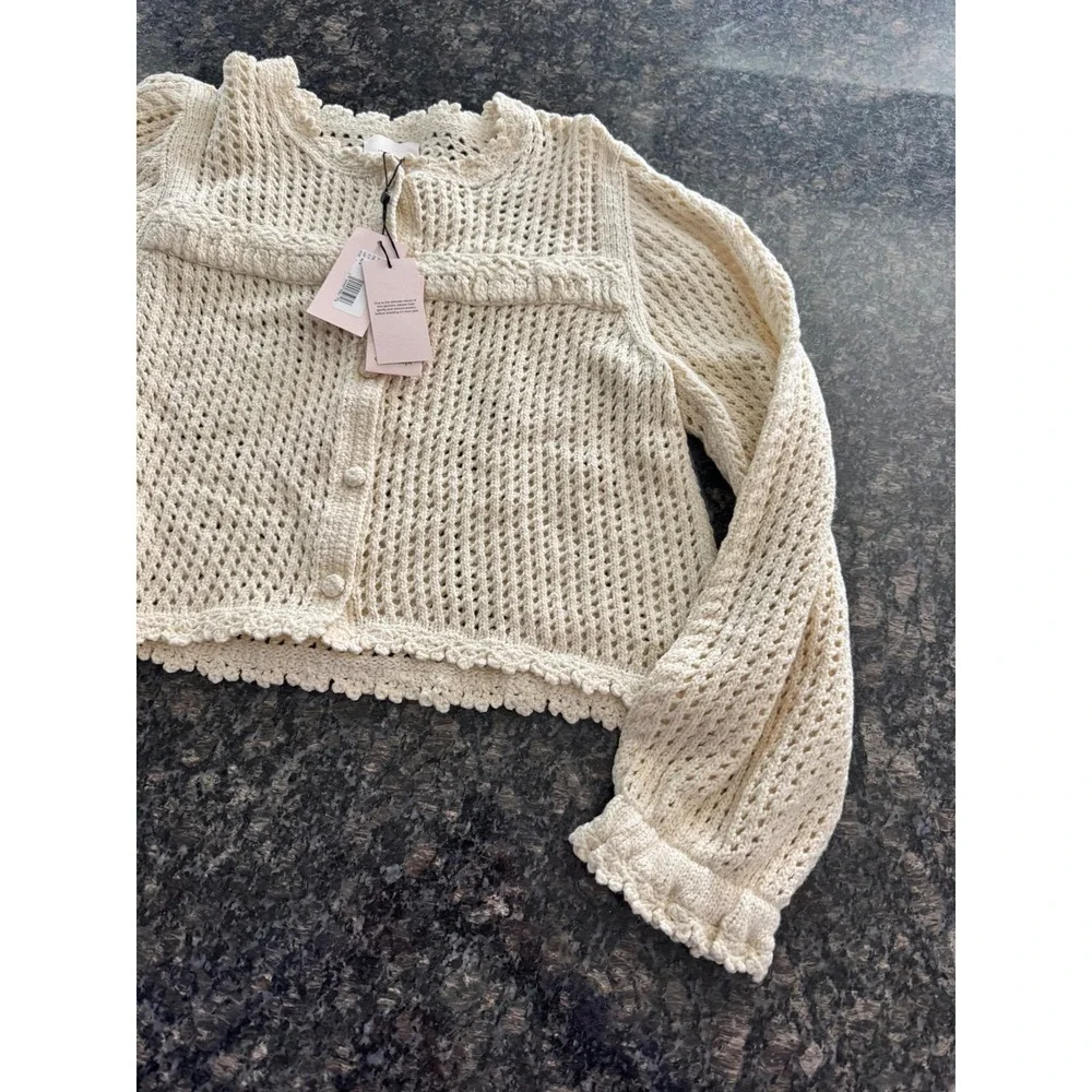 Cinq a Sept Ivory Crochet Cardigan Scalloped Open Knit Button Sweater NWT Sz L